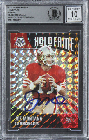 49ers Joe Montana Signed 2021 Panini Mosaic Holofame #5 Card Auto 10! BAS Slab