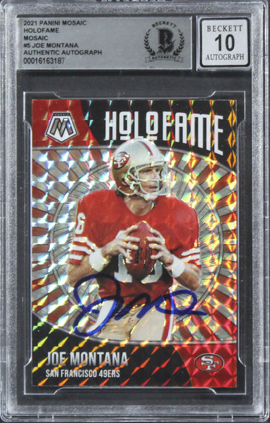 49ers Joe Montana Signed 2021 Panini Mosaic Holofame #5 Card Auto 10! BAS Slab