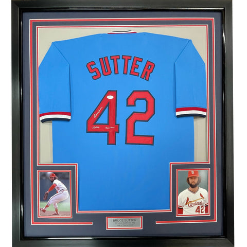 FRAMED Signed BRUCE SUTTER HOF 35x39 St. Louis Blue Jersey JSA COA