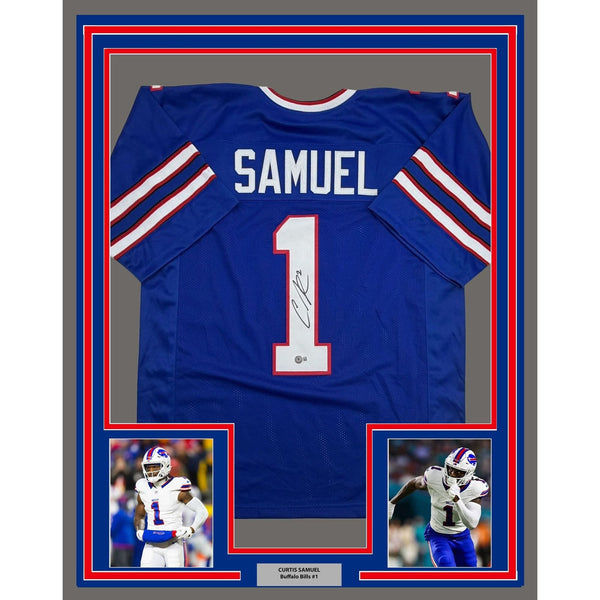 Framed Autographed/Signed Curtis Samuel 35x39 Buffalo Blue Jersey BAS COA