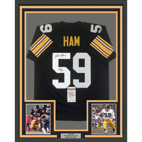Framed Autographed/Signed Jack Ham HOF 88 33x42 Pittsburgh Black Jersey JSA COA