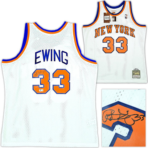 KNICKS PATRICK EWING AUTOGRAPHED WHITE M&N 1985-86 HWC JERSEY XL BECKETT 214821