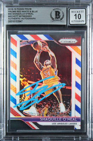 Lakers Shaquille O'Neal Signed 2018 Panini Prizm RW&B #35 Card Auto 10! BAS Slab