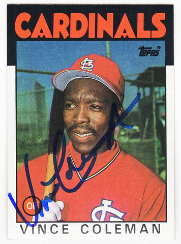 Vince Coleman Signed St. Louis Cardinals 1986 Topps Baseball Card #370 -(SS COA)