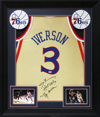 76ers Allen Iverson "2x Insc" Signed Gold M&N 75th Ann Framed Jersey BAS Wit