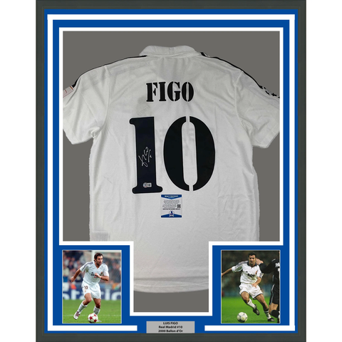 Framed Autographed/Signed Luis Figo 33x42 Real Madrid White Jersey BAS COA