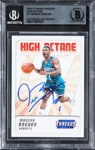 Hornets Muggsy Bogues Signed 2016 Panini Threads Hi Octane #11 Card BAS Slabbed