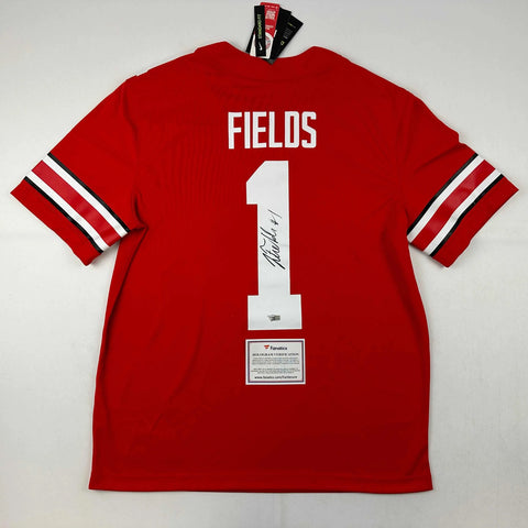 Autographed/Signed Justin Fields Ohio State Buckeyes Red Jersey Fanatics COA