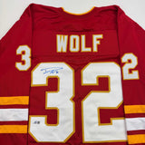 Autographed/Signed Dustin Wolf Calgary Red Hockey Jersey Beckett BAS COA
