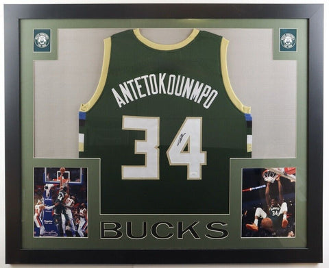 Giannis Antetokounmpo Signed 35"x43" Framed Milwaukee Bucks Jersey (JSA)