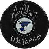 Adam Oates Autographed/Signed St Louis Blues Logo Puck NHL Top 100 JSA 53976