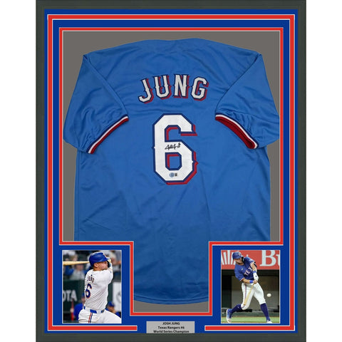 Framed Autographed/Signed Josh Jung 35x39 Texas Light Blue Jersey BAS COA