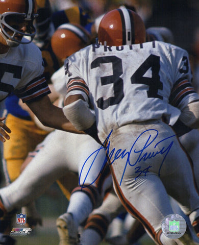 Greg Pruitt Signed Browns White Jersey Action 8x10 Photo- (SCHWARTZ COA)