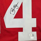 Framed Autographed/Signed Brent Jones 35x39 SF Red Jersey Beckett COA