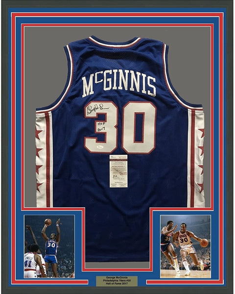 FRAMED Signed GEORGE MCGINNIS 35x39 Philadelphia Blue Jersey JSA COA