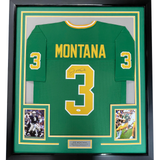 Framed Autographed/Signed Joe Montana 33x42 Notre Dame Green Jersey JSA COA