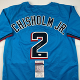 Autographed/Signed Jazz Chisholm Jr. Miami Blue Baseball Jersey JSA COA