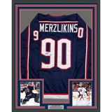 Framed Autographed/Signed Elvis Merzlikins 35x39 Columbus Blue Jersey BAS COA