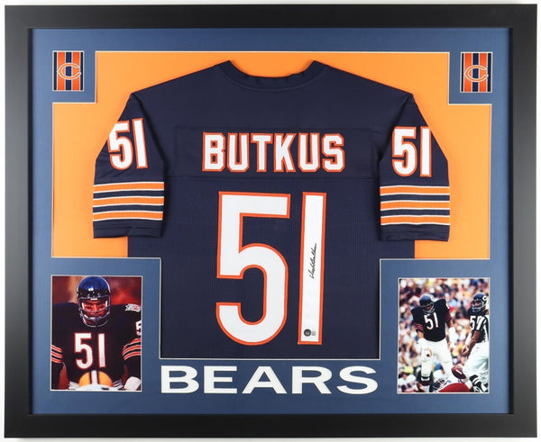 Dick Butkus Signed Chicago Bears 35x43 Framed Jersey (Beckett) 8xPro Bowl L.B.