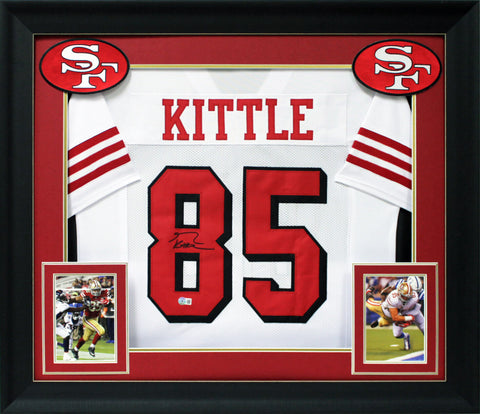 George Kittle Signed White Pro Style Framed Jersey w/ Dropshadow BAS Witnessed