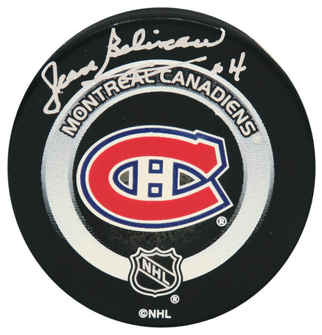 Jean Beliveau Signed Montreal Canadiens Team Logo Game Hockey Puck (BECKETT COA)