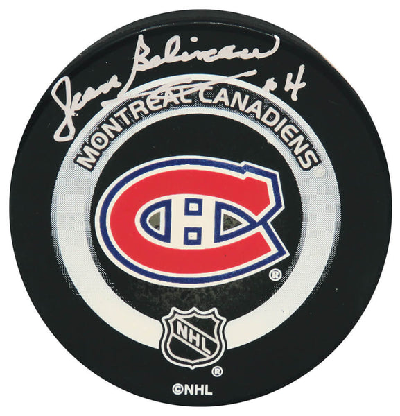 Jean Beliveau Signed Montreal Canadiens Team Logo Game Hockey Puck (BECKETT COA)