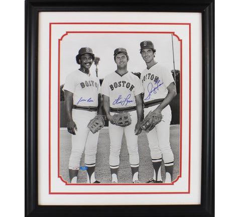 Fred Lynn, Jim Rice, Dwight Evans Signed Boston Red Sox Framed 16x20 B&W Photo