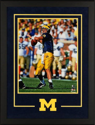 Tom Brady Michigan Deluxe Framed Signed 16" x 20" Blue Throwing Photo