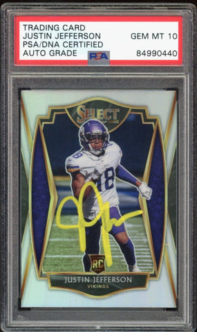 2020 Select Prizm Silver Justin Jefferson RC On Card PSA/DNA Auto GEM MINT 10