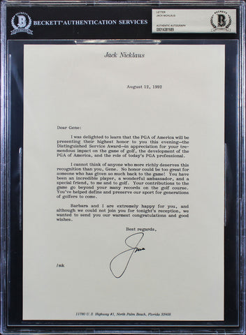 Jack Nicklaus Authentic Signed 7.25x10 1992 Letter to Gene Sarazen BAS Slabbed