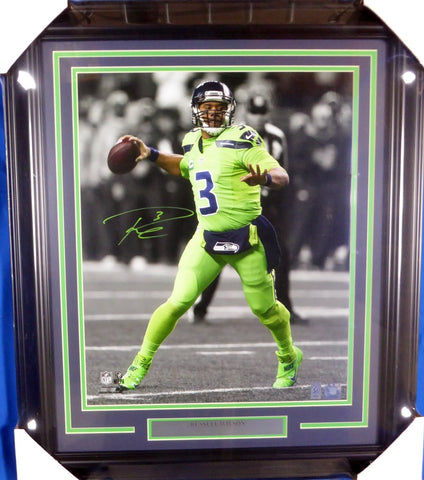 Russell Wilson Auto Framed 16x20 Photo Seahawks Action Green Color Rush RW Holo