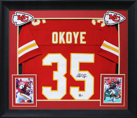 Christian Okoye Authentic Signed Red Pro Style Framed Jersey BAS Witnessed