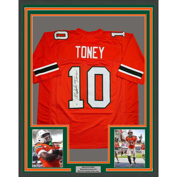 Framed Autographed/Signed Malachi Toney 35x39 Miami Orange Jersey JSA COA