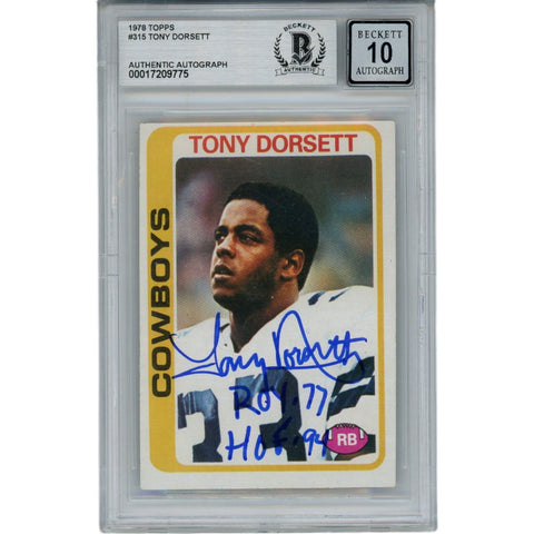 Tony Dorsett Autographed 78 Topps ROY HOF Grade 10 Trading Card Beckett 45935