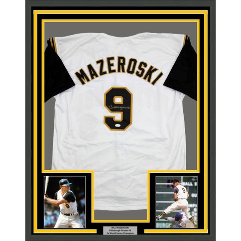 Framed Autographed/Signed Bill Mazeroski 35x39 Pittsburgh White Jersey JSA COA