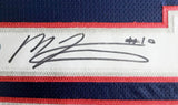 NEW ENGLAND PATRIOTS MAC JONES AUTOGRAPHED FRAMED BLUE JERSEY BECKETT QR 202403