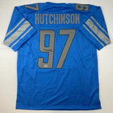 Autographed/Signed Aidan Hutchinson Detroit Blue Football Jersey Beckett BAS COA