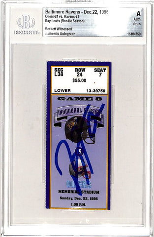Ray Lewis Signed Baltimore Ravens 12/22/96 Ticket Stub Slab Beckett 42758