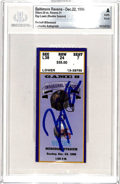 Ray Lewis Signed Baltimore Ravens 12/22/96 Ticket Stub Slab Beckett 42758