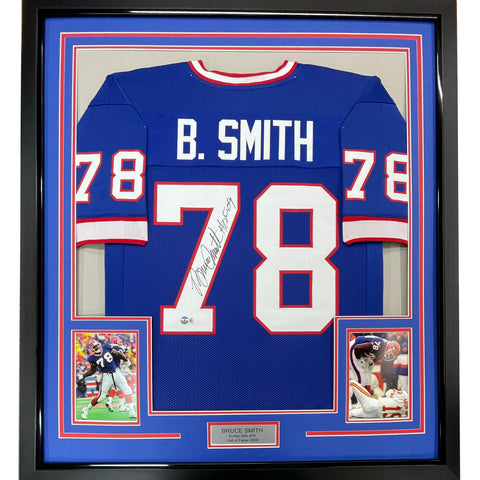 Framed Autographed/Signed Bruce Smith 33x42 HOF 09 Buffalo Blue Jersey BAS COA