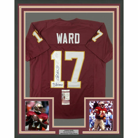 FRAMED Autographed/Signed CHARLIE WARD 33x42 Florida Maroon Jersey JSA COA