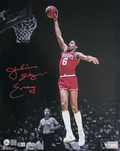 Julius Erving Autographed Philadelphia 76ers Spotlight Dunk 16x20 Photo Beckett