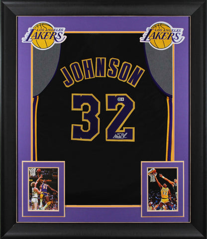 Magic Johnson Signed Black Pro Style Framed Jersey w/ Purple Numbers BAS Wit 2