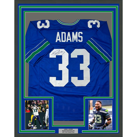 Framed Autographed/Signed Jamal Adams 33x42 Seattle Retro Blue Jersey JSA COA