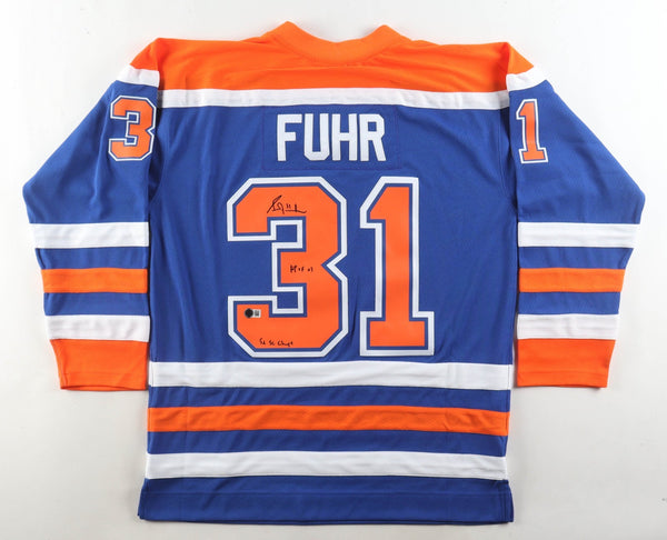 Grant Fuhr Signed Edmonton Oilers Mitchell & Ness Jersey (Beckett) 5xS.Cup Champ