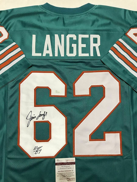 Autographed/Signed JIM LANGER "HOF 87" Miami Teal Football Jersey JSA COA Auto