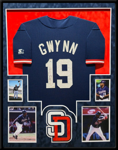 FRAMED IN SUEDE SAN DIEGO PADRES TONY GWYNN AUTOGRAPHED SIGNED JERSEY PSA COA