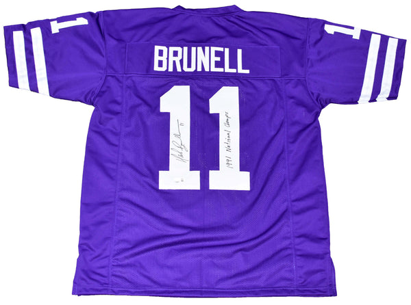 MARK BRUNELL SIGNED WASHINGTON HUSKIES #11 PURPLE JERSEY W/ 1991 NATIONAL CHAMPS