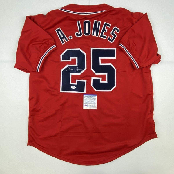 FRAMED Autographed/Signed ANDRUW JONES 33x42 Atlanta Red Jersey PSA/DN –  Super Sports Center