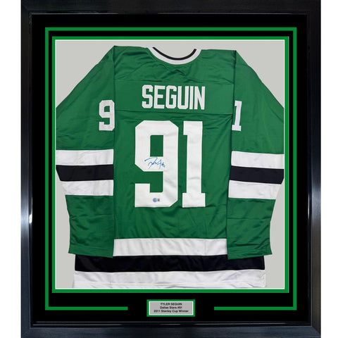 Framed Autographed/Signed Tyler Seguin 35x39 Dallas Green Jersey BAS COA